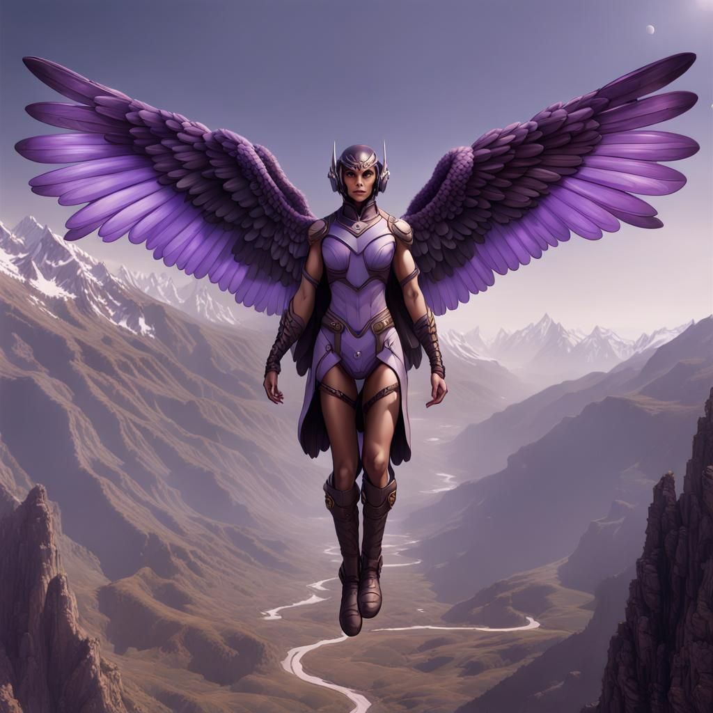 Purple Falcon-Humanoid Hybrid in Dark Fantasy Style