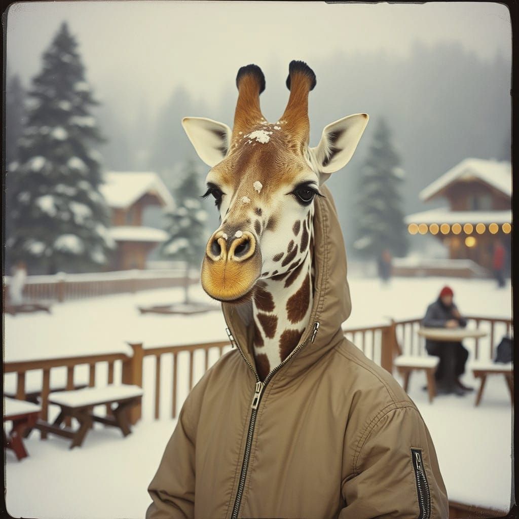 Giraffe Skier in Retro Ski Resort