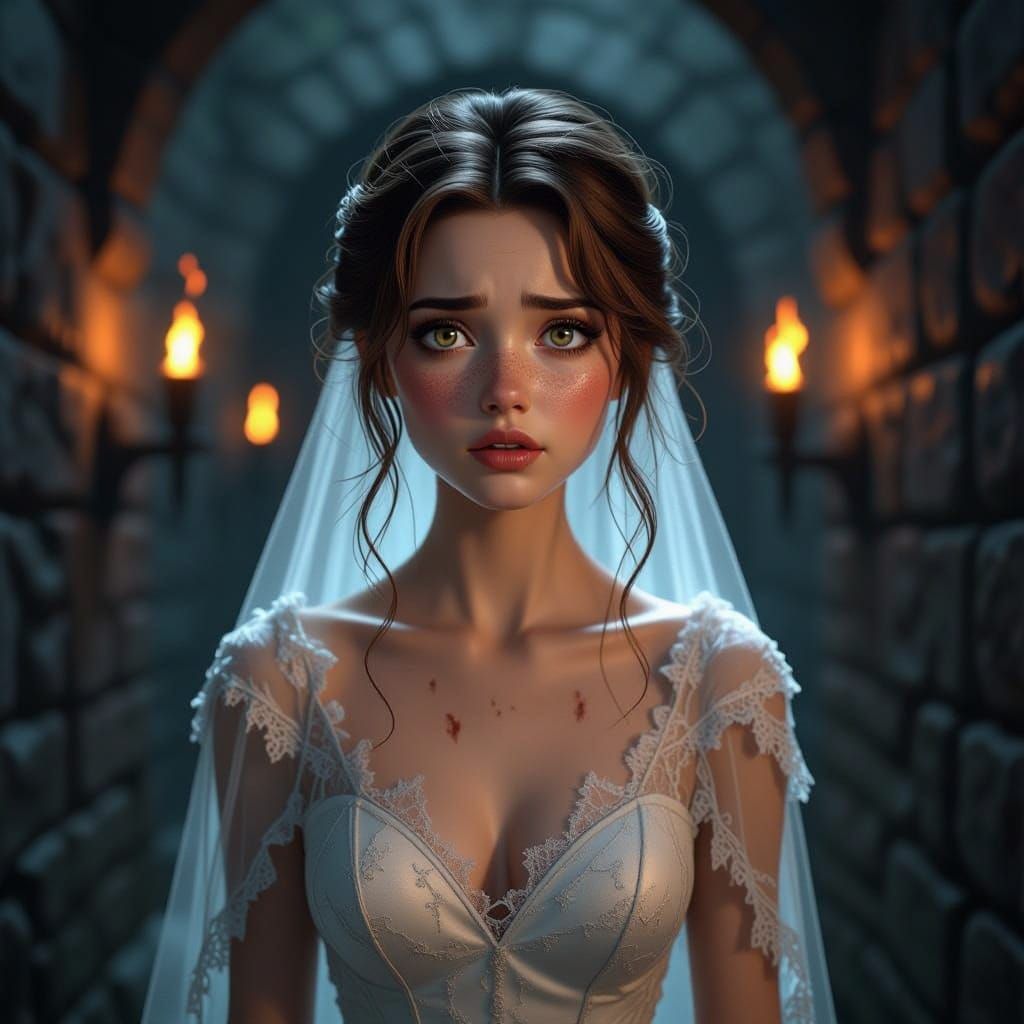 Frightened Woman in Ruined Cobweb Dress in Dark Corridor