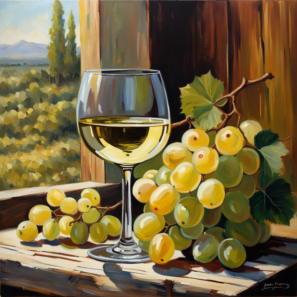 White Wine and Grapes as Oil Painting