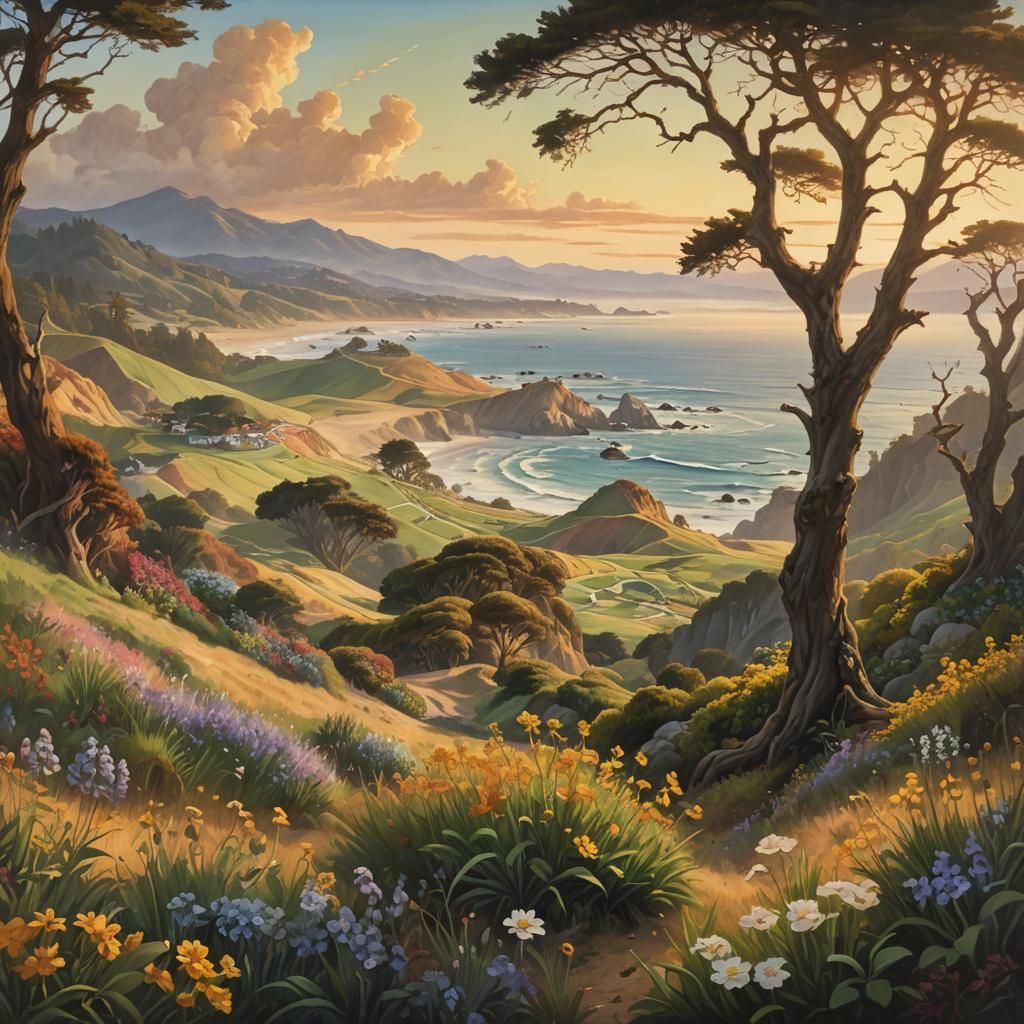 Baroque California Coastal Landscape at Golden Hour