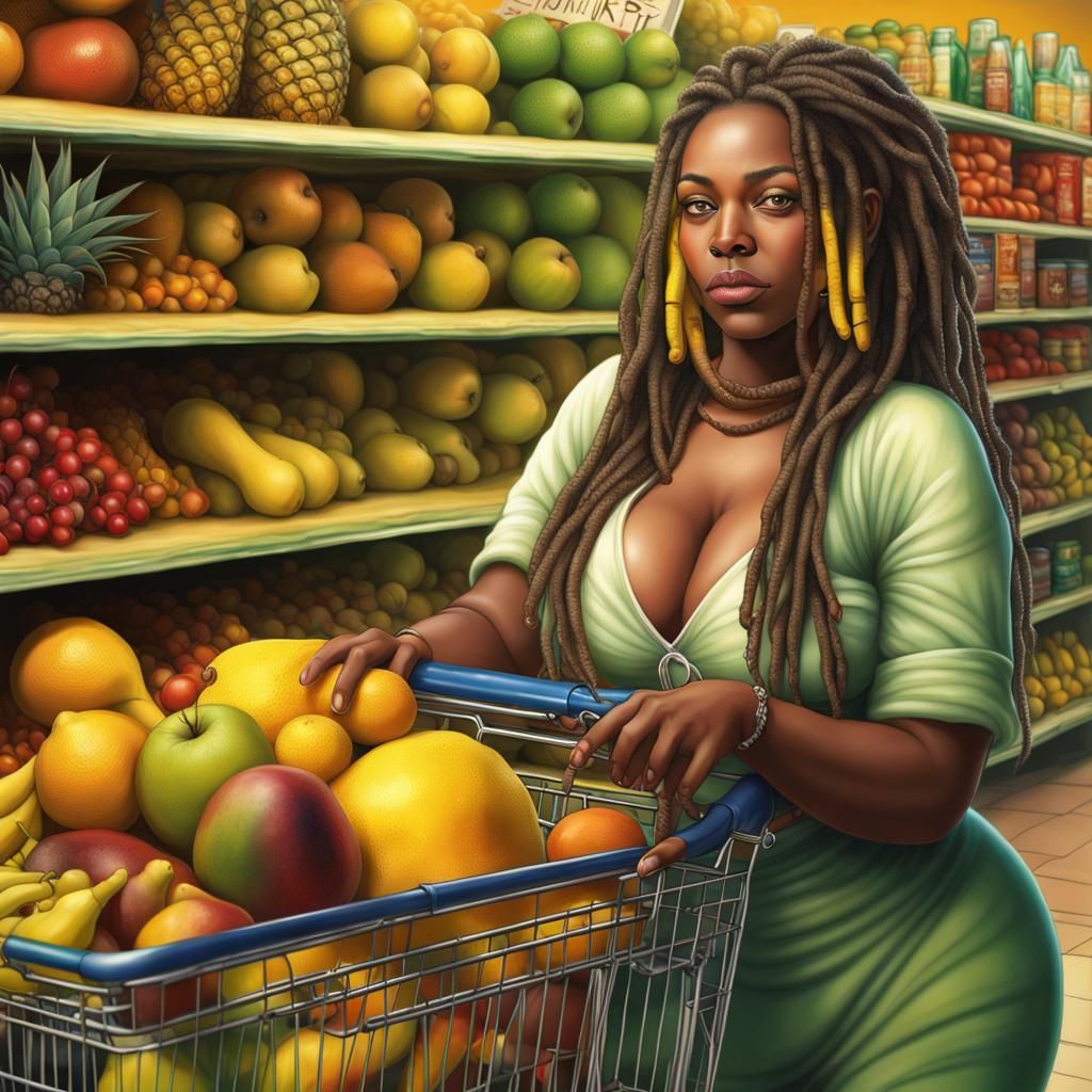 Rastafarian babe curvy vixen well proportioned full body in Jamaica tropical with her pet yellow snake charmer shopping ...
