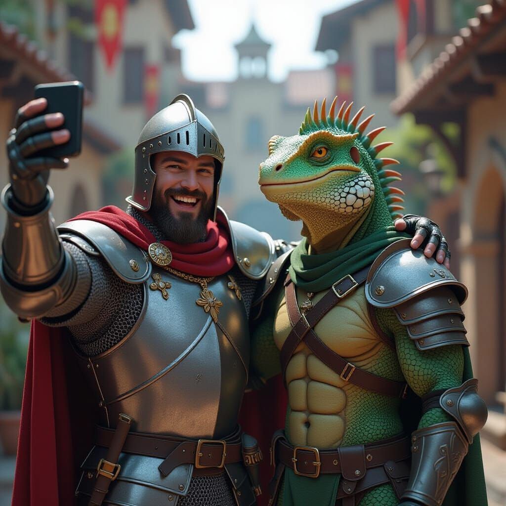 Knight and Lizardman Take a Selfie Laughing