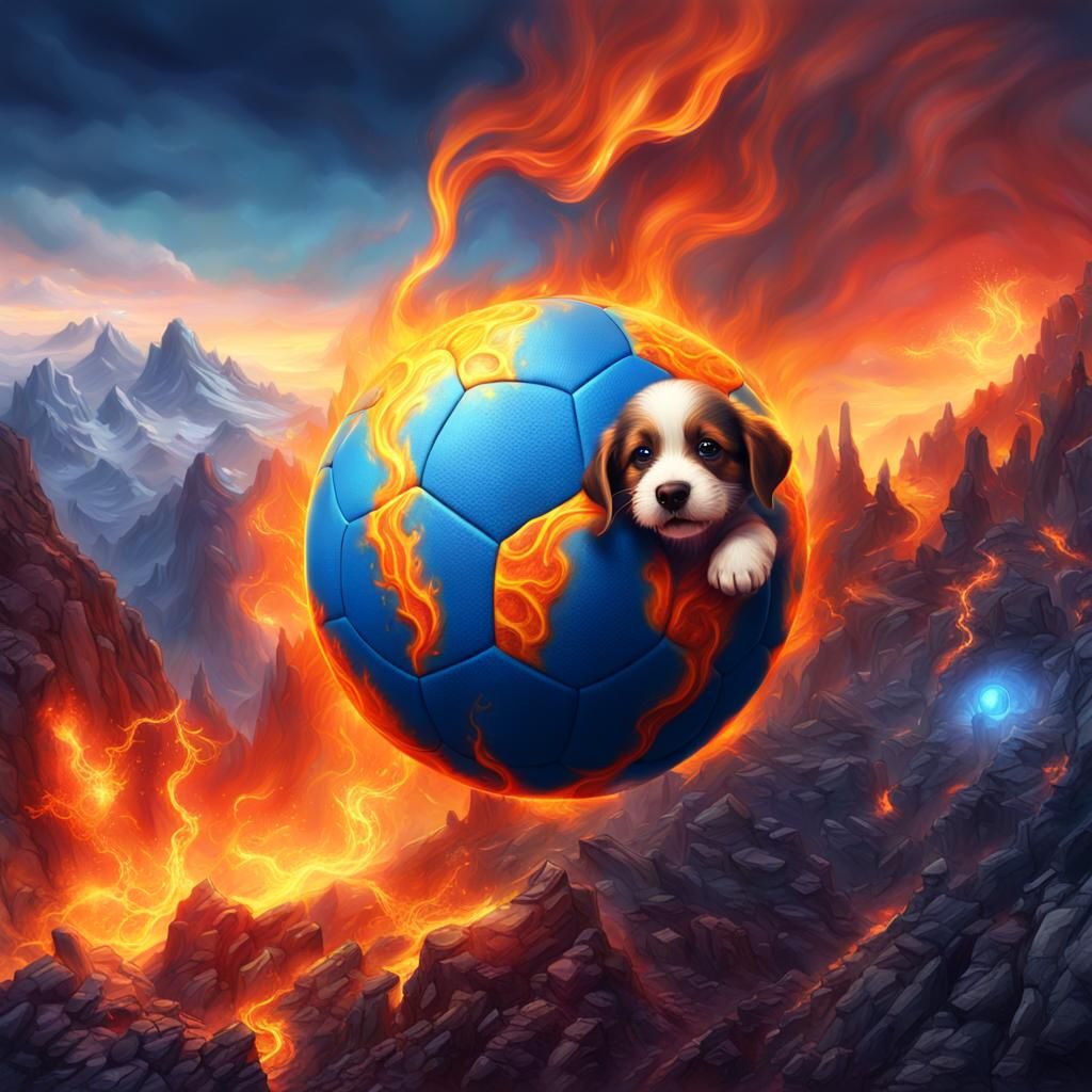 Cute Puppy on Mystical Mountain with Flaming Soccer Ball