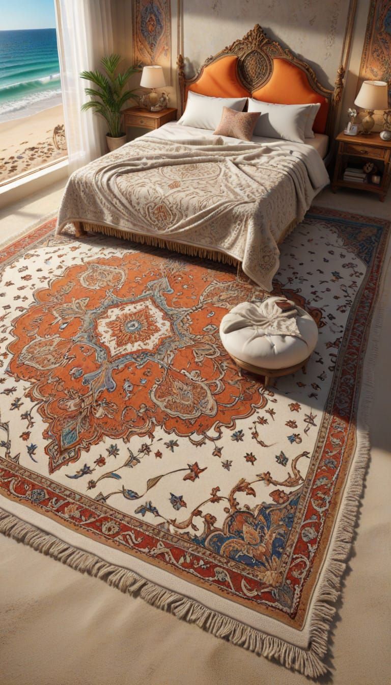 illustration of magic bedroom woollen ornate carpet on sand....
