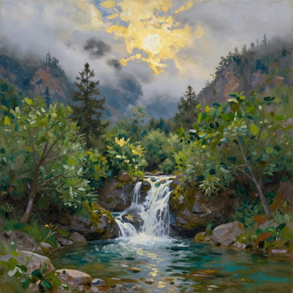 Majestic Mountains with Flowing Rivers and Lush Green Trees