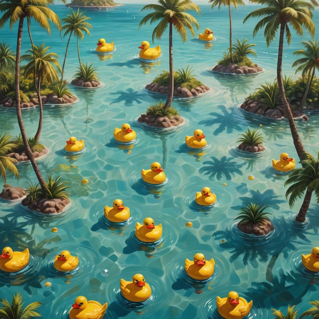 Giant Rubber Duck Island: Surreal Oil Painting