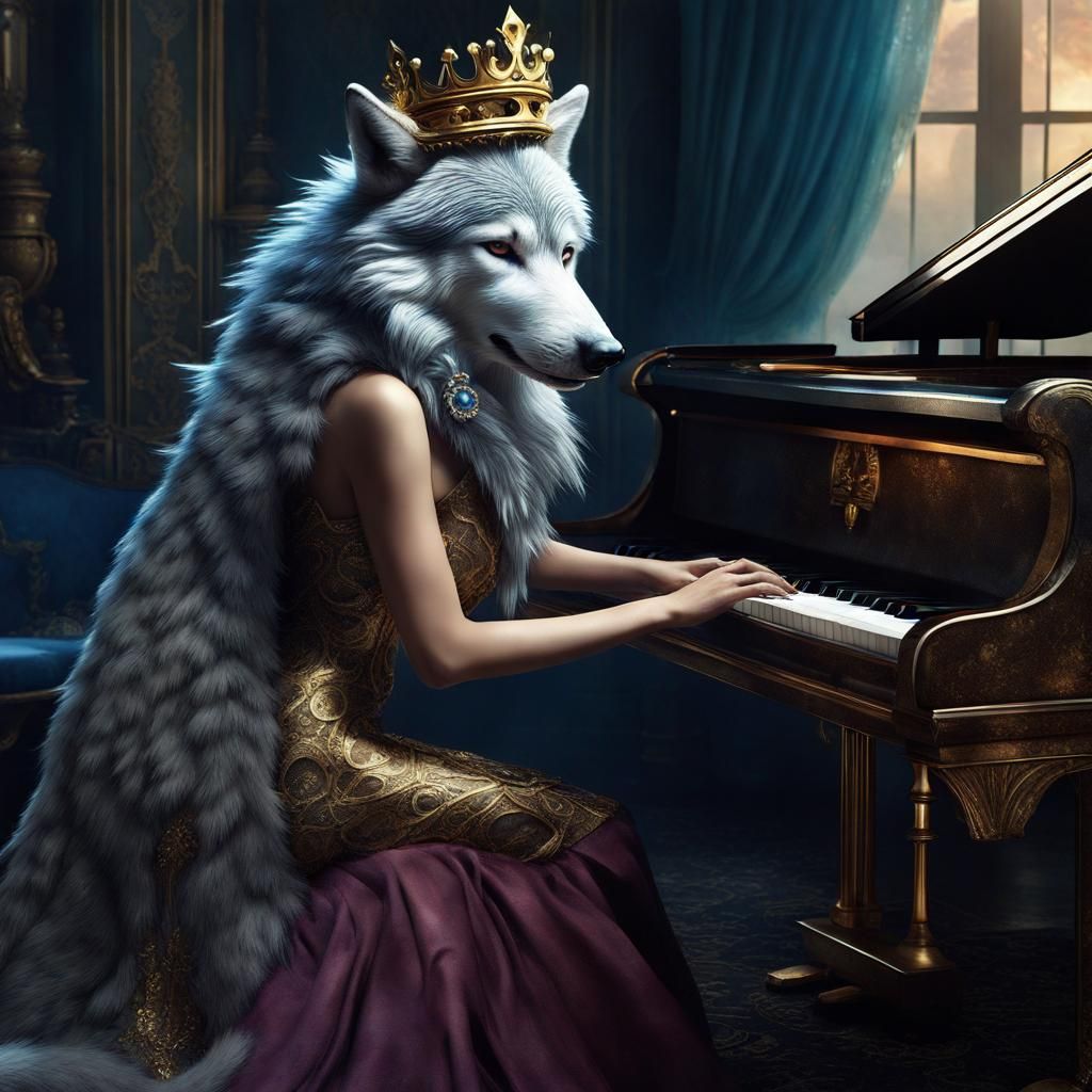 Wolf Woman in Dress Playing Piano, Detailed Digital Painting