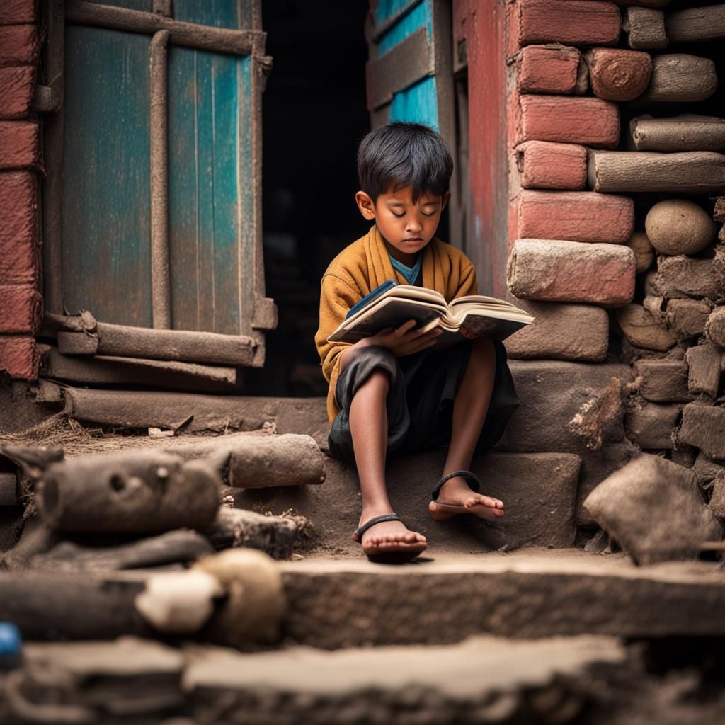 Boy Reading in Nepal: Hyperdetailed Dream Scenery