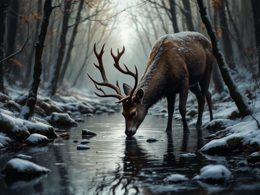 Doe Drinking in Winter Forest as Impasto Oil Painting