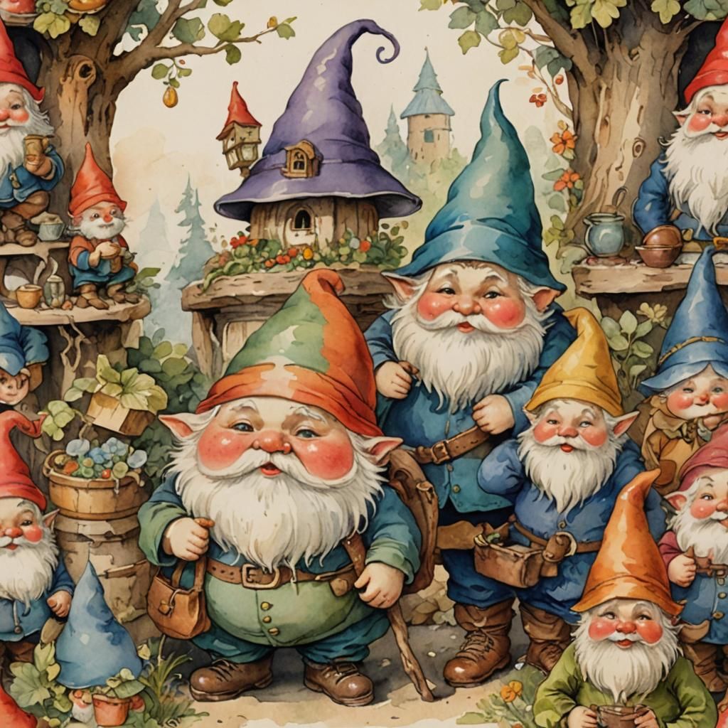 Antique Watercolor of a Sleepy Gnome