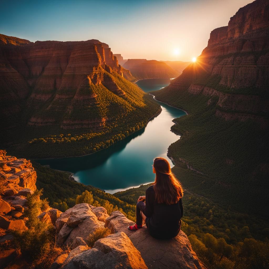 Insanely beautiful maiden admires an endless sunset horizon ...