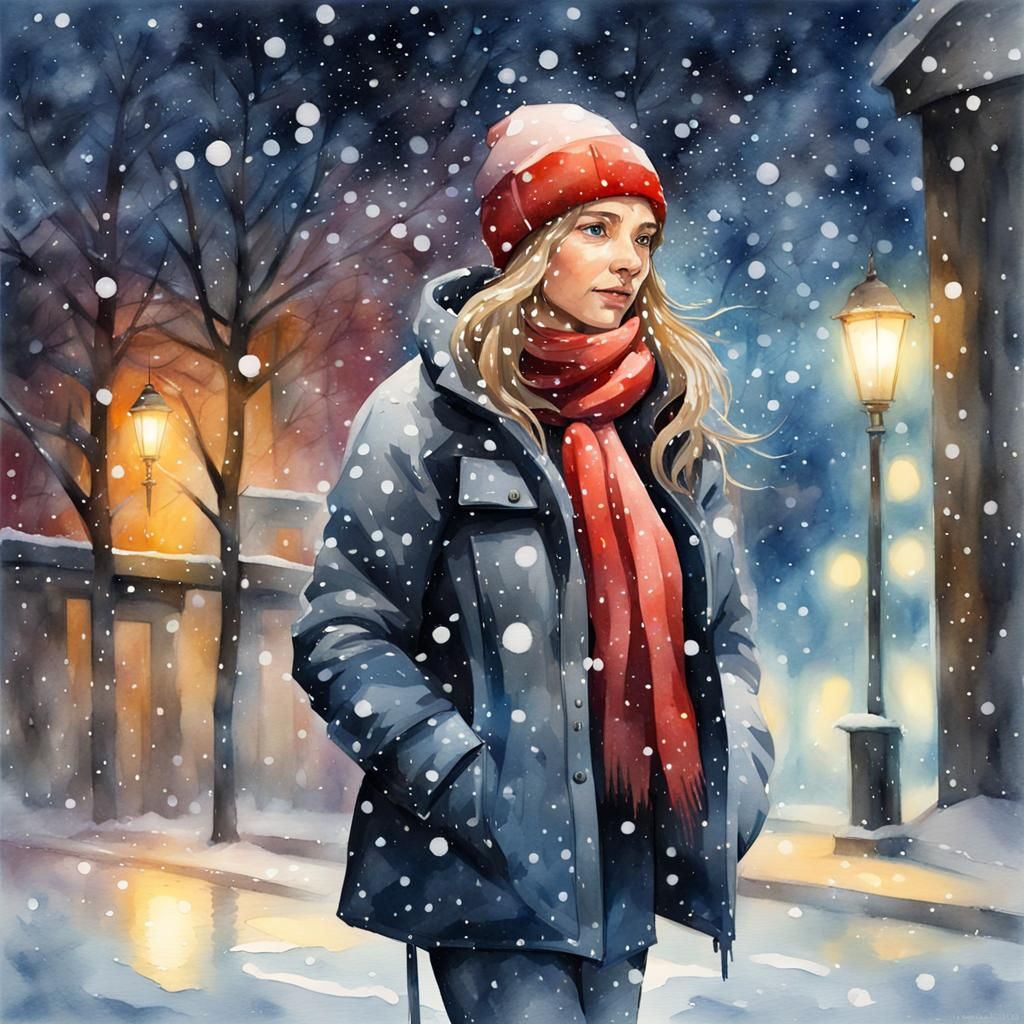 Watercolor Snowfall at Night in Splash Art Style