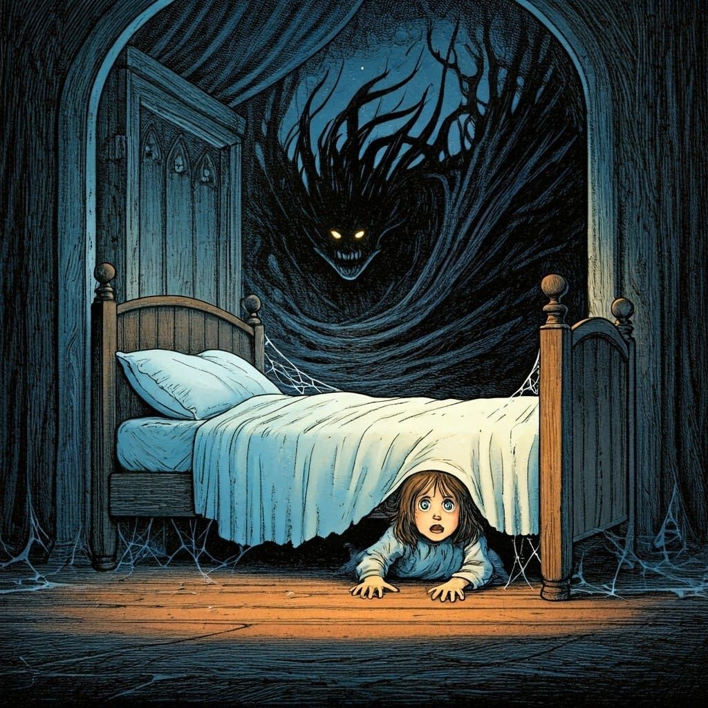 Fragile Child Cowers in the Shadows of a Dark Presence