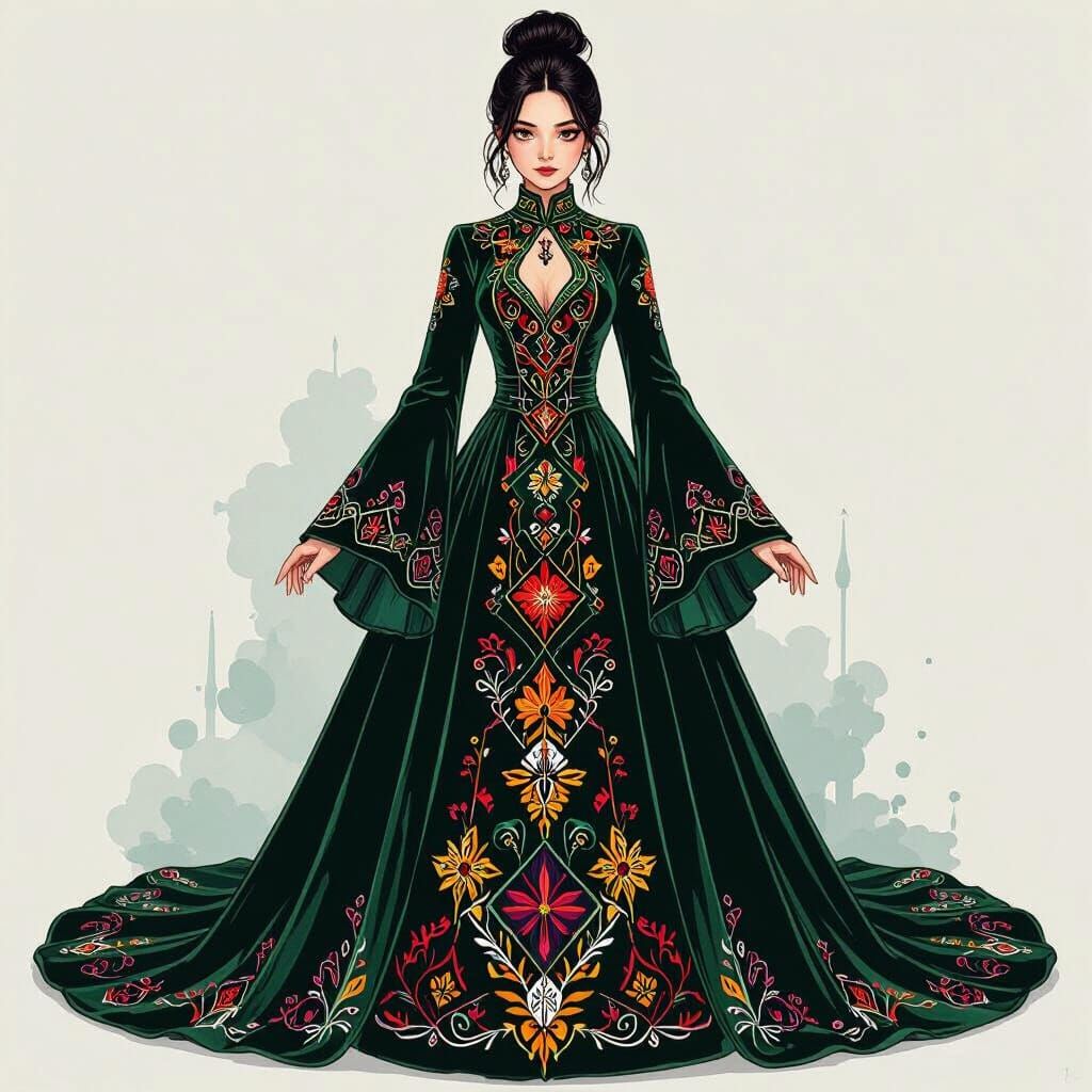 Girl in Velvet Dress with Geometric Embroidery