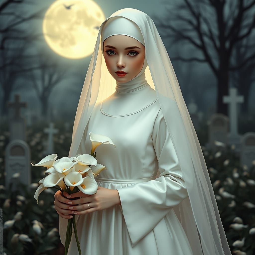 Hyperrealistic Bride in Moonlit Cemetery with Doll