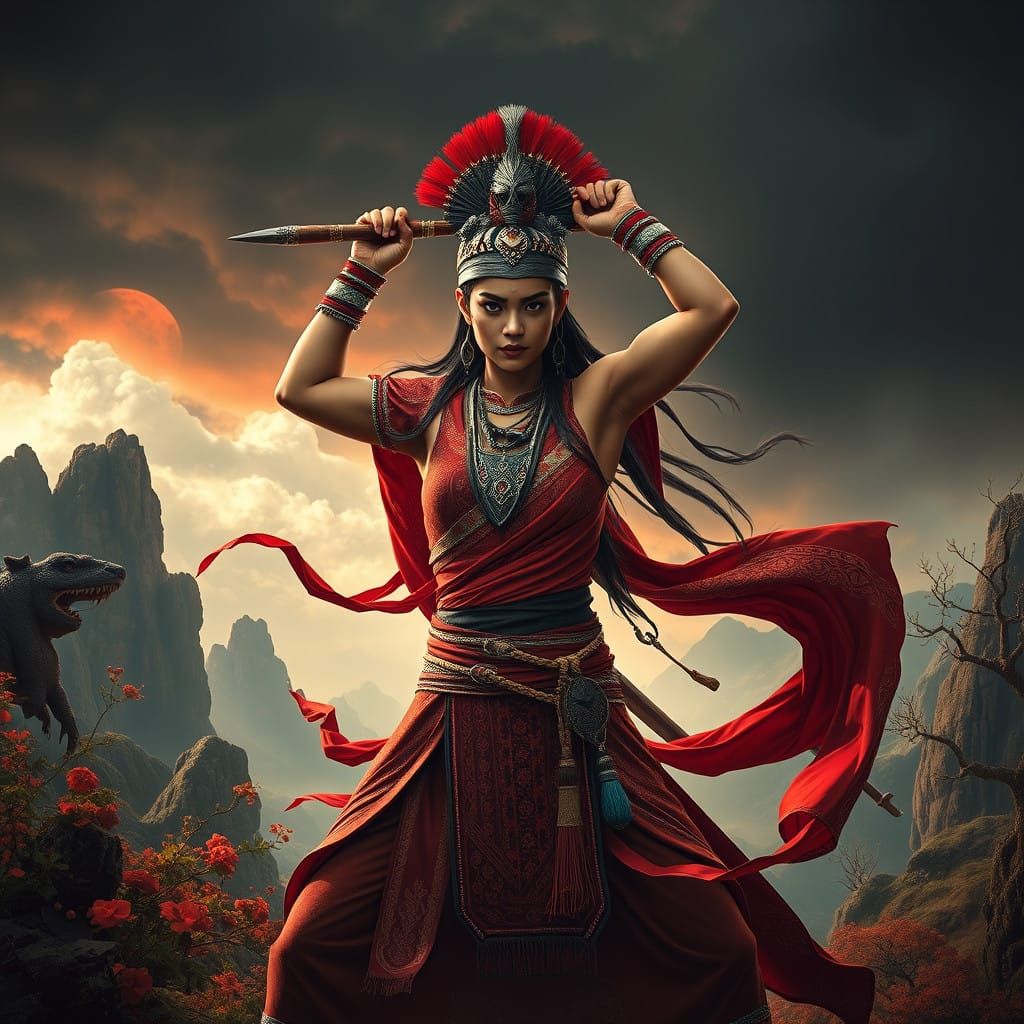 Epic Female Warrior in Ancient Crimson Attire