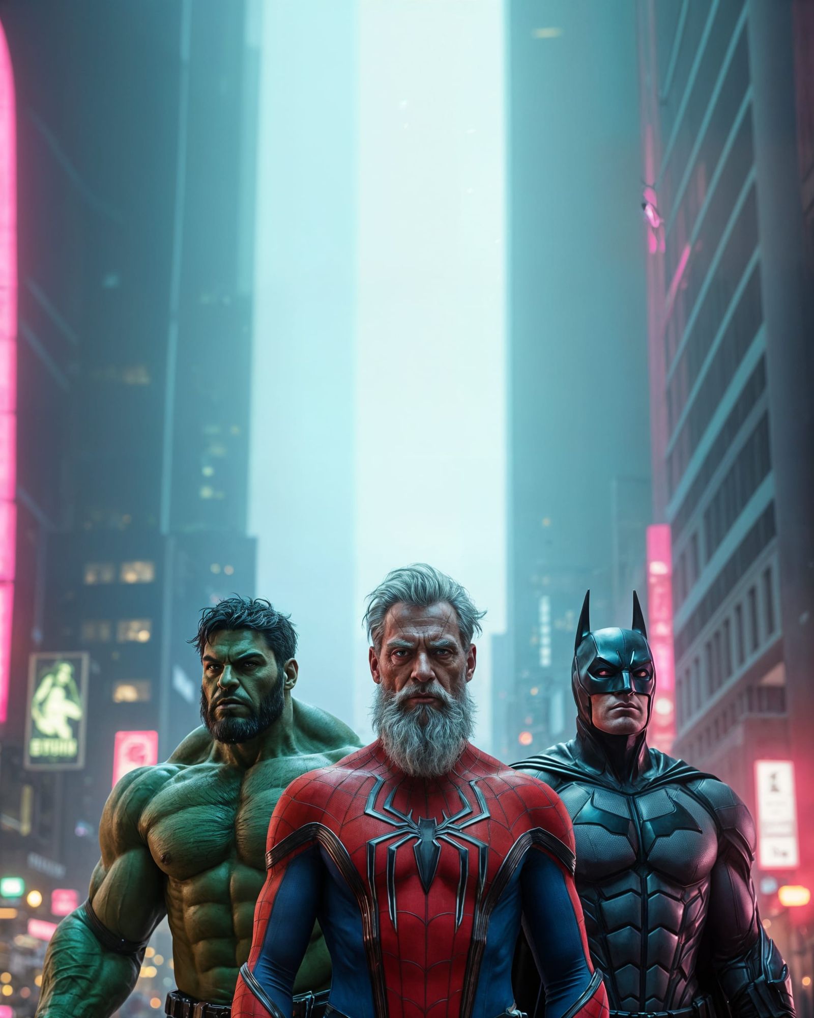 Aged Superheroes in Cyberpunk City, 2087