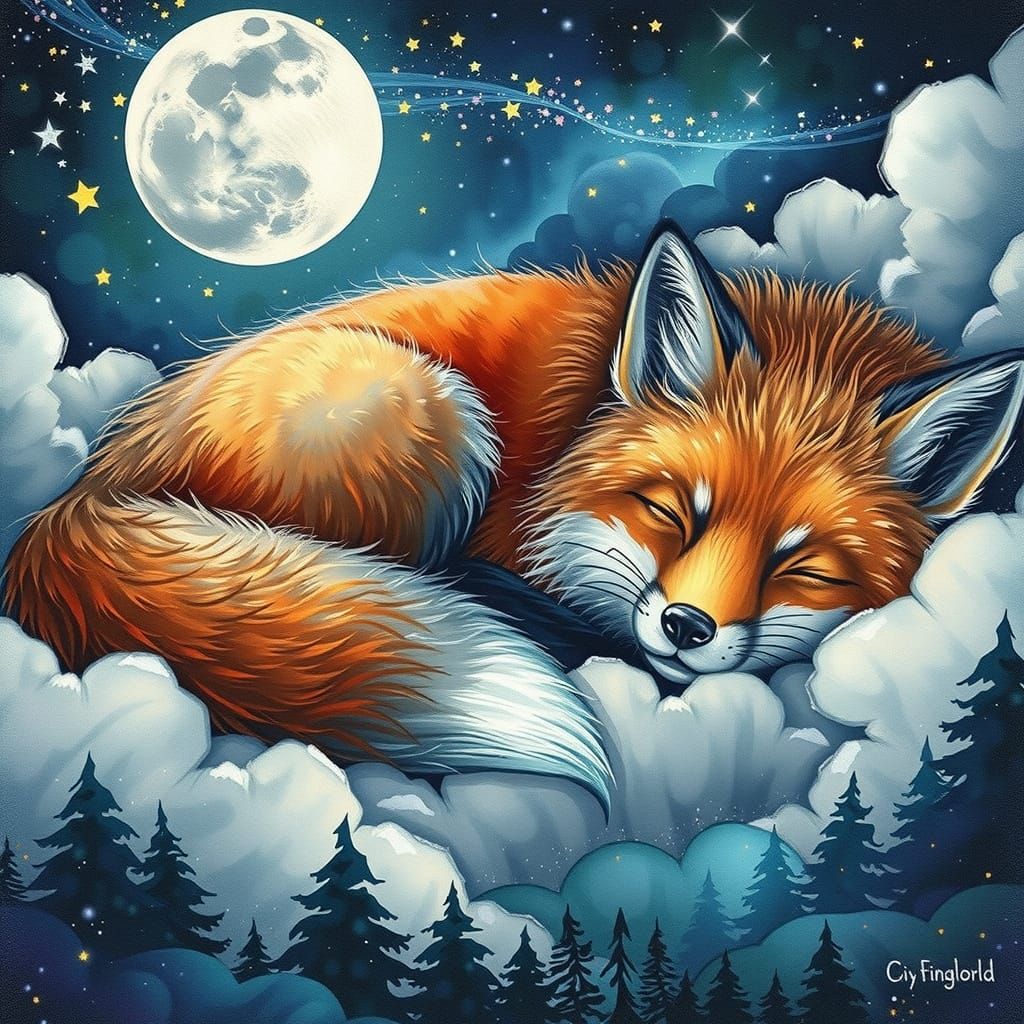 Fox Sleeps on Cloud in Watercolor Starry Sky