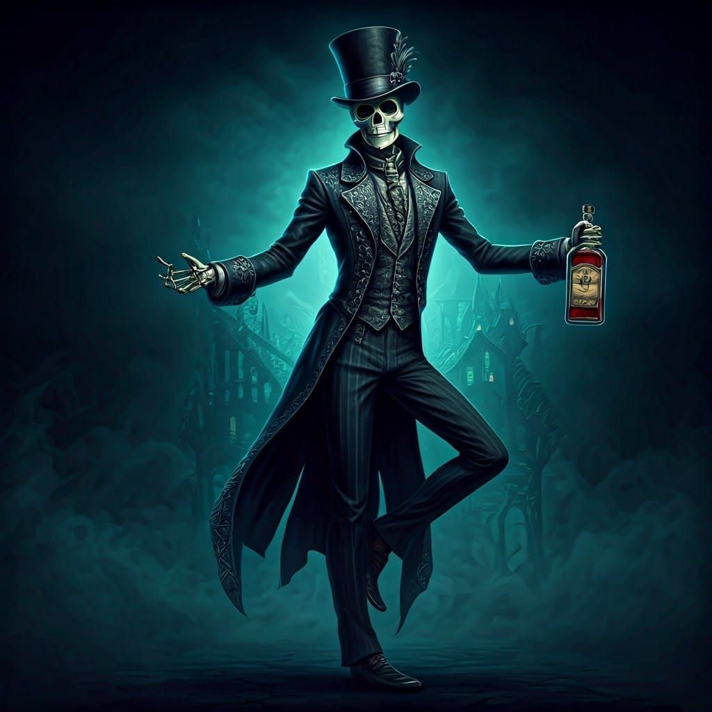 Elegant Skeleton in Black Tail Coat with Rum