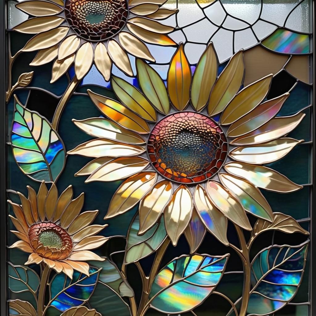 Stained-Glass Sunrise with Iridescent Carnivorous Sunflowers