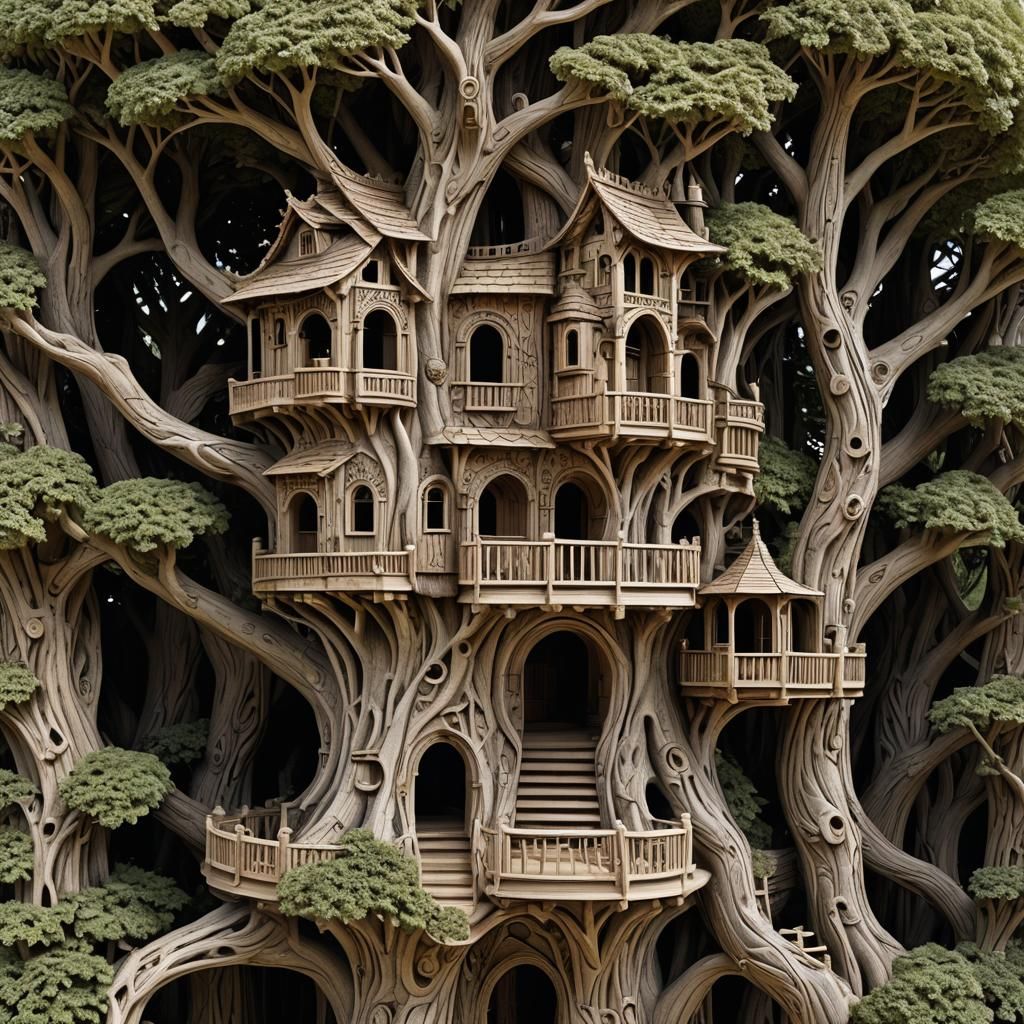 Intricate Carved Treehouse with Duality Theme