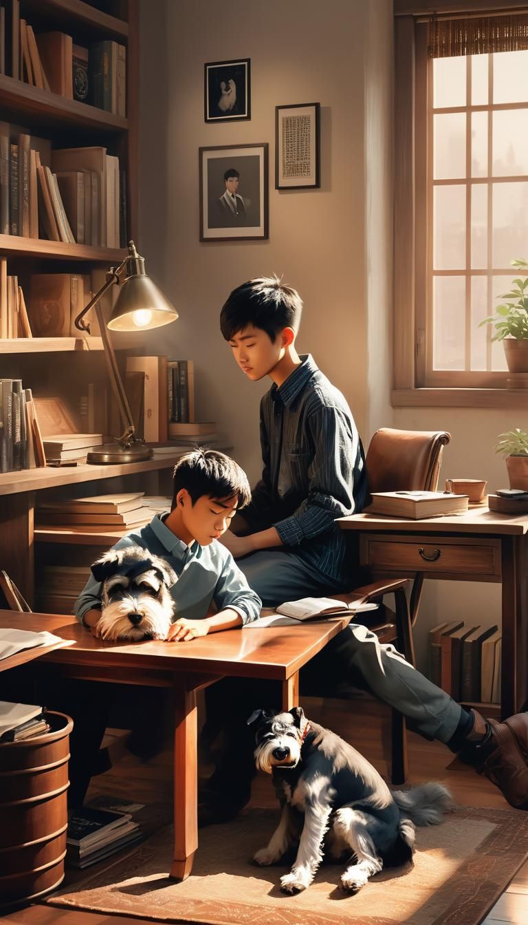Asian Boy Studying with Dog in Realistic Digital Art