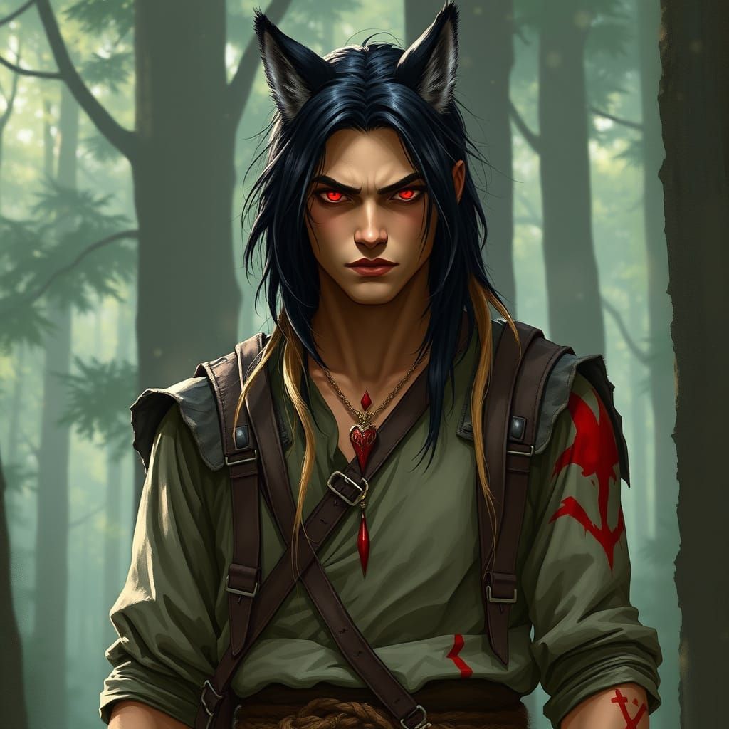 Fantasy Warrior with Wolf Ears in Dark Forest