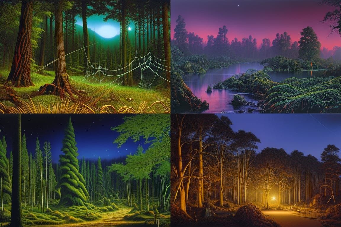 Dark Fantasy Forest with Giant Spiders at Night