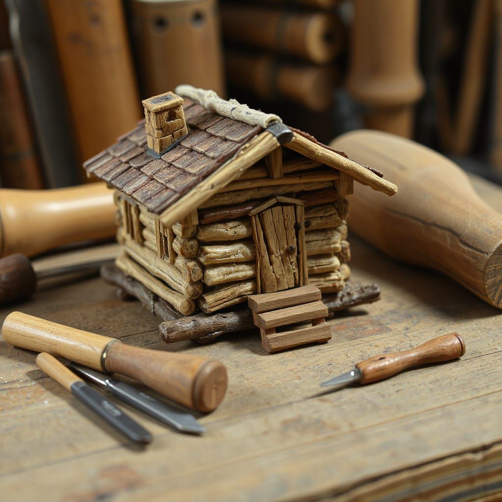 Intricate Miniature Log Cabin on a Craftsman Workbench