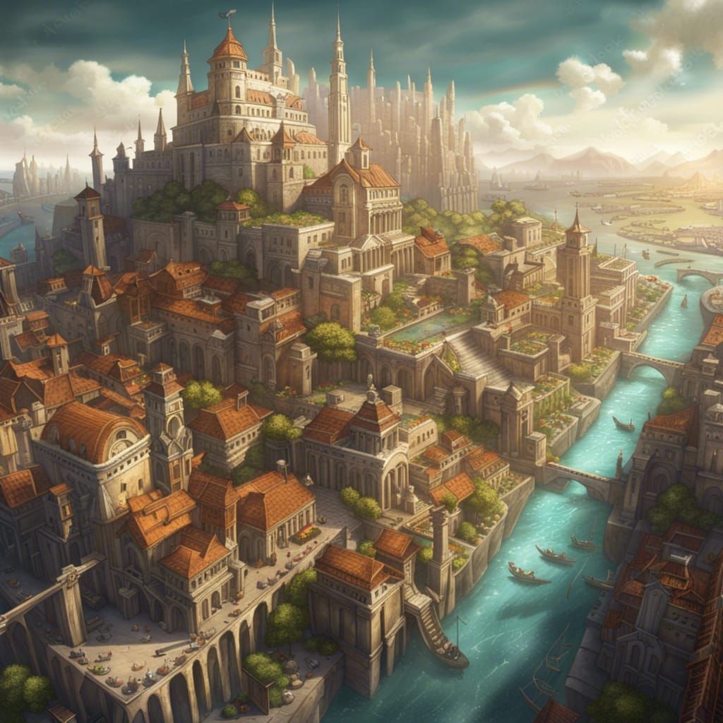 Majestic Marble City Spanning Island in Fantasy Art