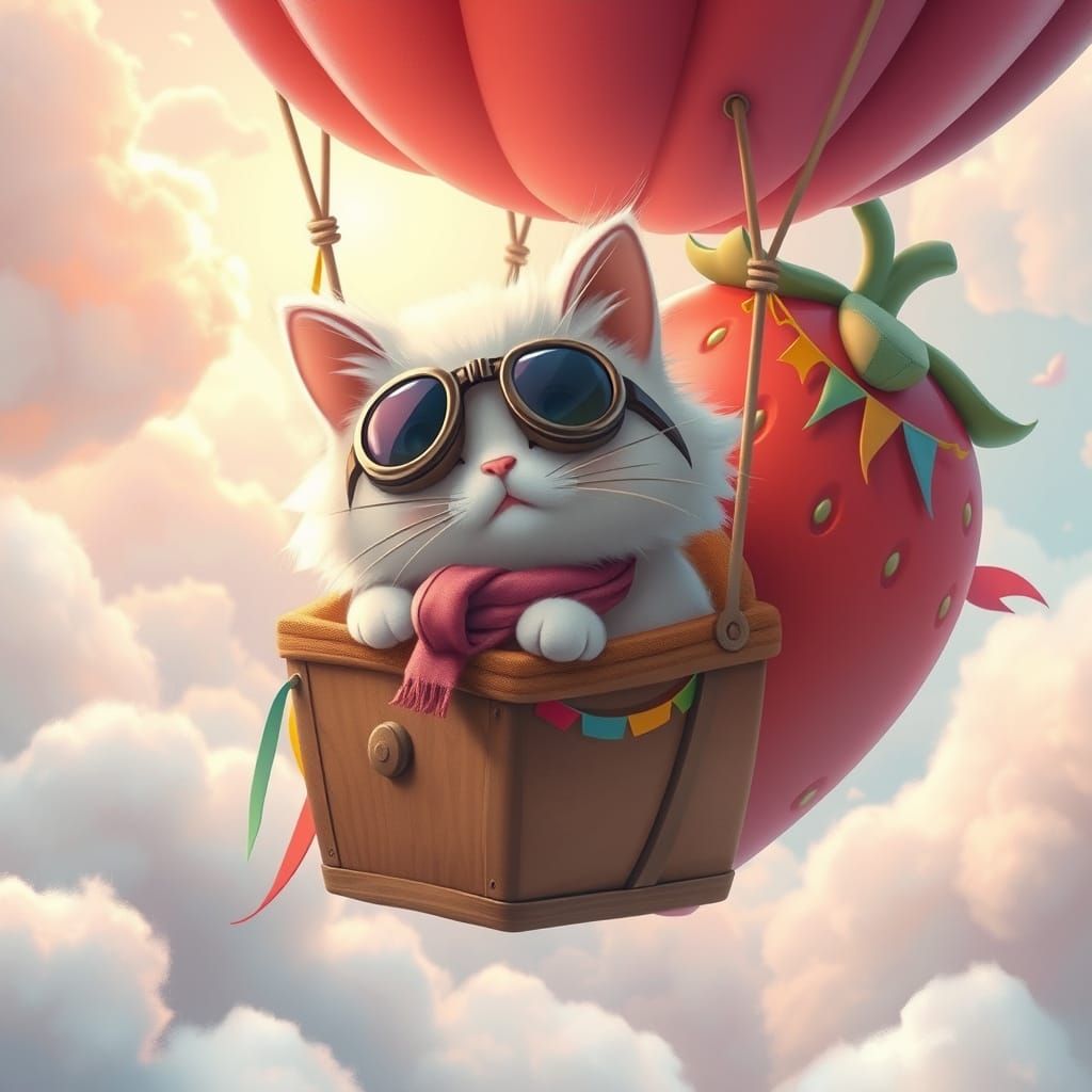 Feline Aviator Soars in Strawberry Hot Air Balloon Over Whim...
