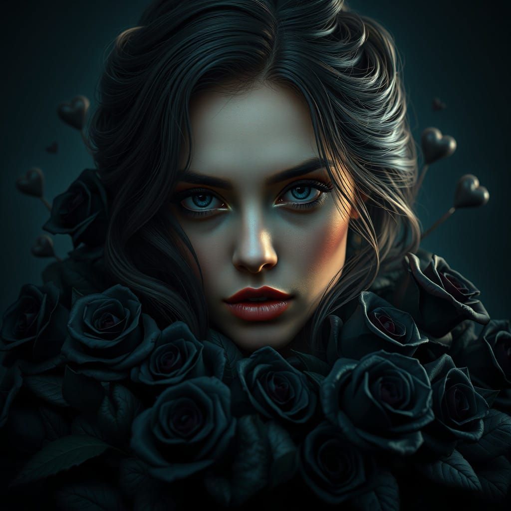 Hyper-Realistic Woman with Black Roses and Hearts in Deep Bl...