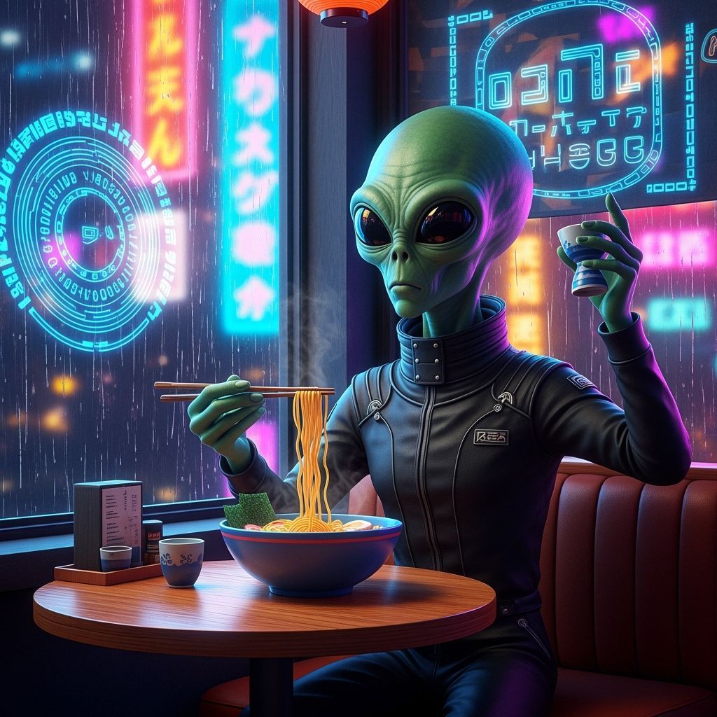 Alien at Ramen Cafe in Cyberpunk Cityscape