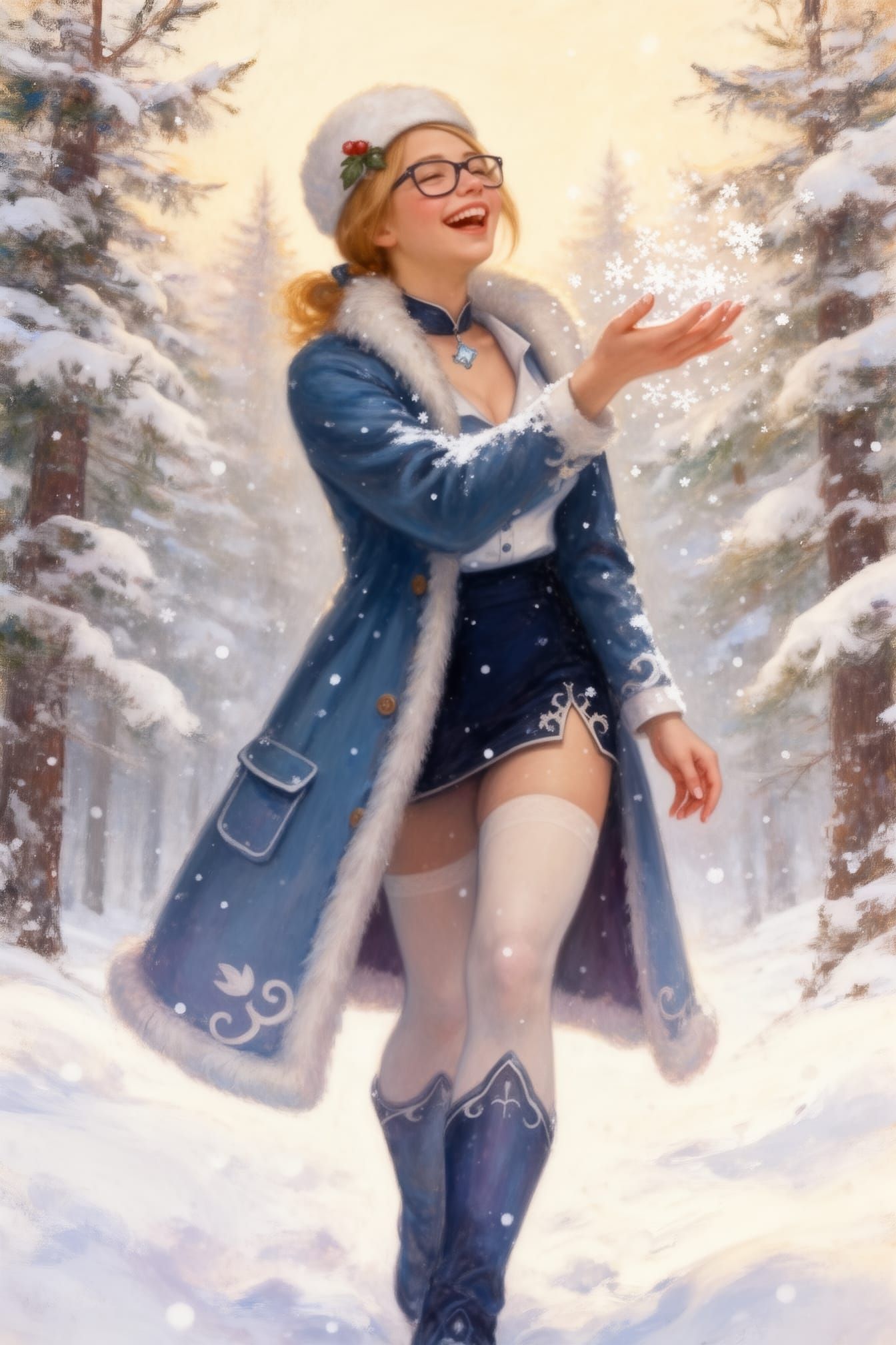 Woman Joyfully Catches Snowflakes in Painterly Forest