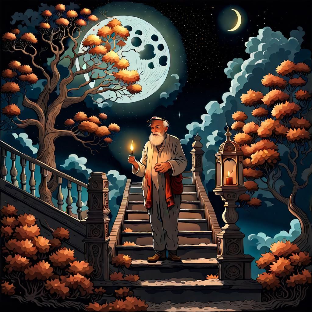Old Man Ascends to Heaven in Folk Art Style