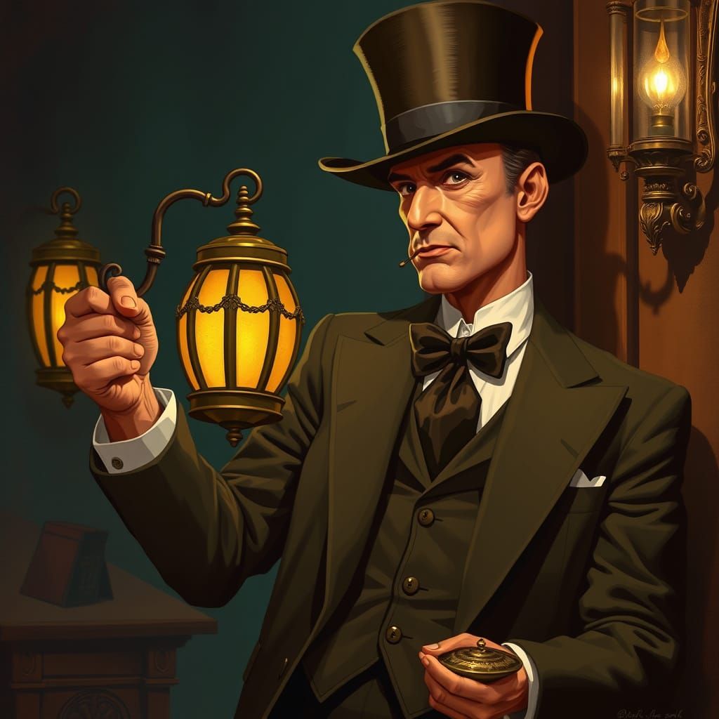 Gentleman with Lamp in Golden Age Illustration Style