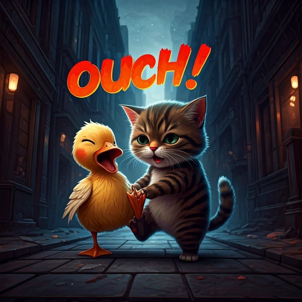 Ornate Calligraphic Ouch! with Cat and Duck