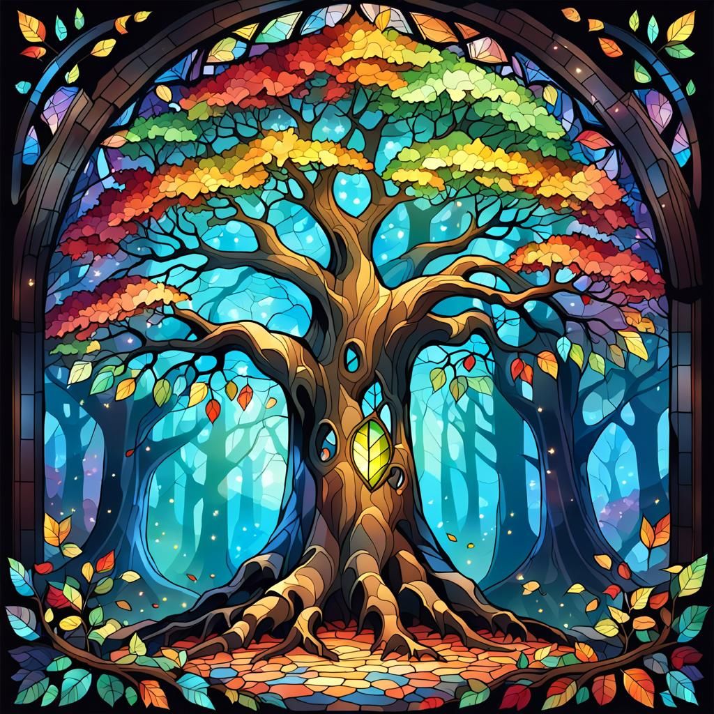 Colorful Forest Tree in Stained Glass Style