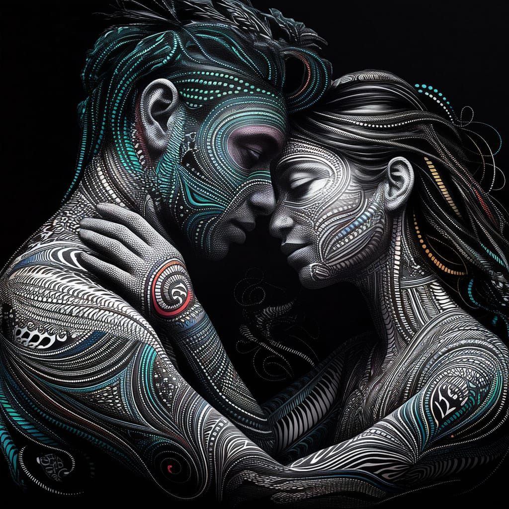 Loving embrace ,colourful 8k charcoal ,covered in dots and M...
