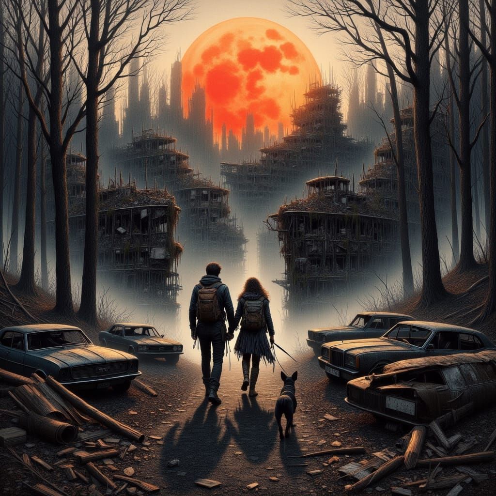 Post-Apocalyptic Refugees Advance Under Golden Sunset