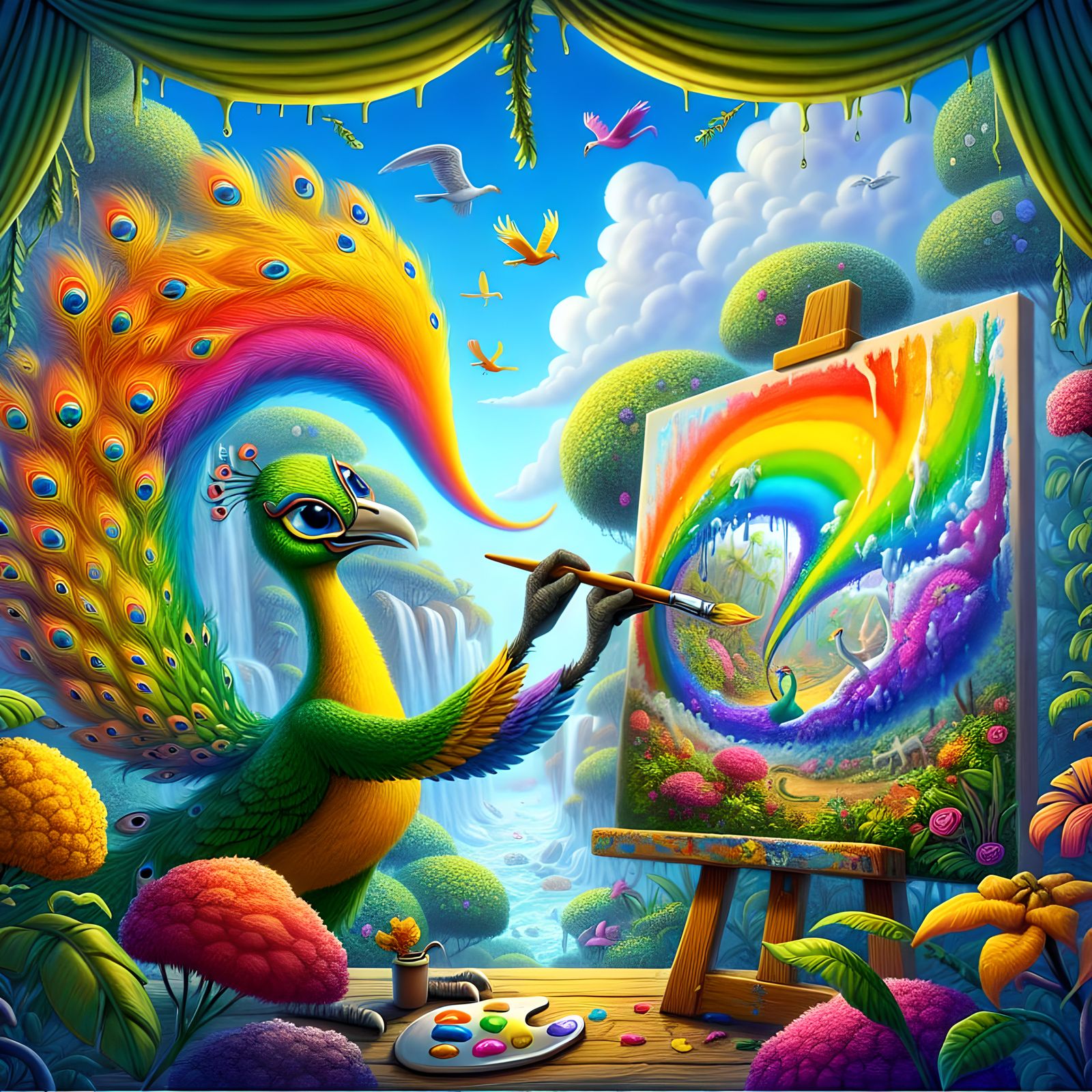 Peacock Paints a Rainbow in Fantasy World