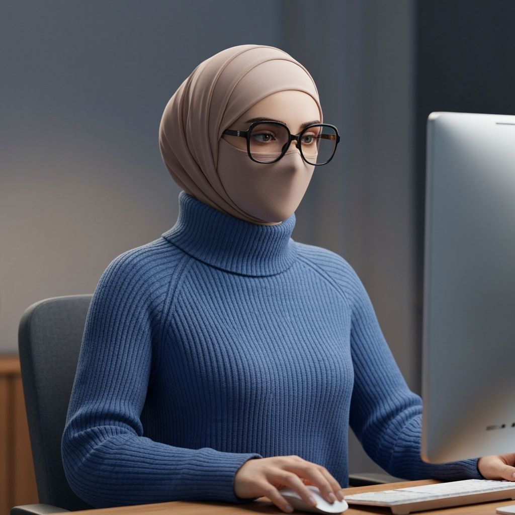 Attractive Hijabi Woman Works on Computer in Soft Studio Lig...