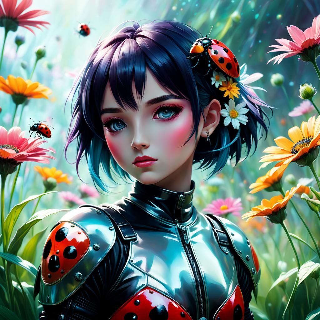 Aetherpunk Ladybug in Exotic Flowers, Dreamy Digital Art