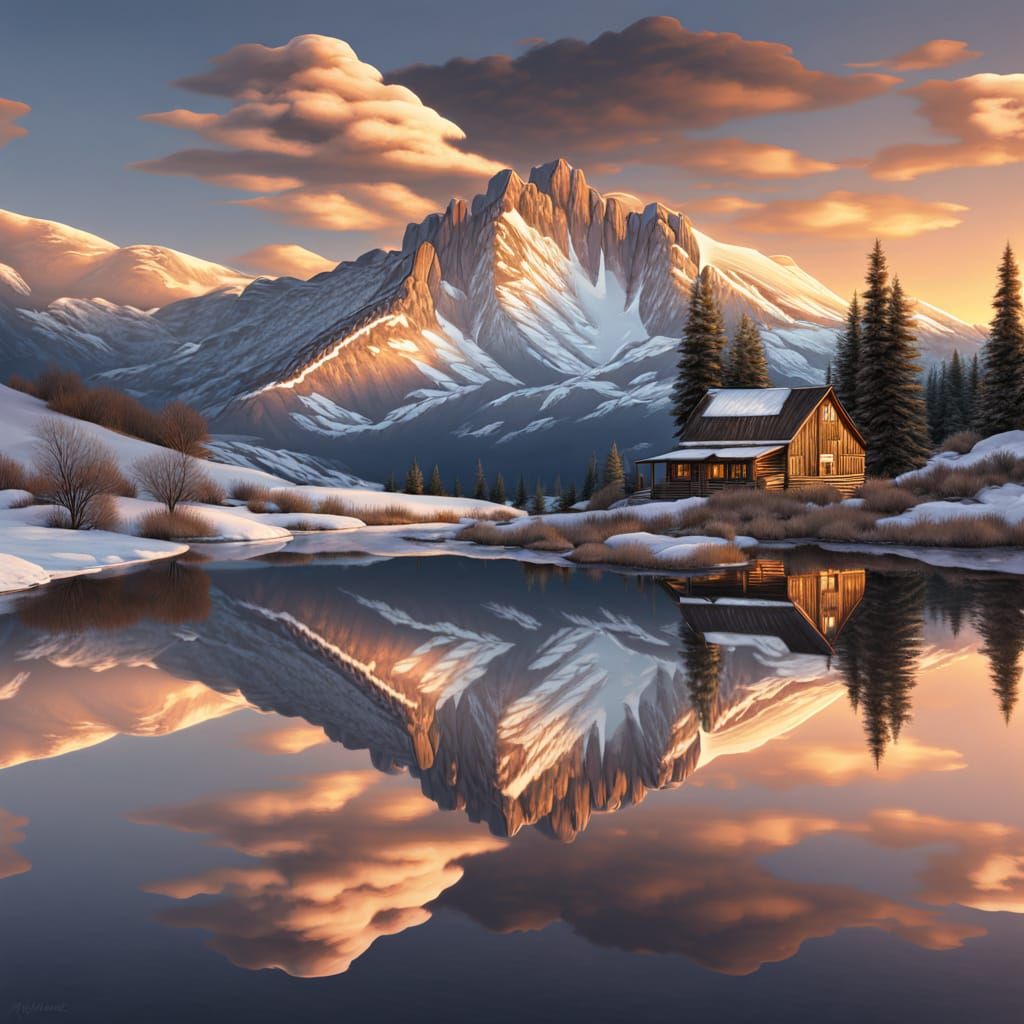 Chrome Reflection of Snowy Mountain Range