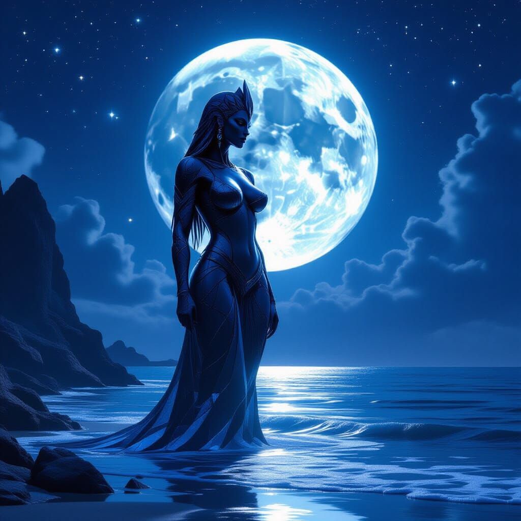 Crystal Titaness Guarding Calm Sea Under Starry Sky