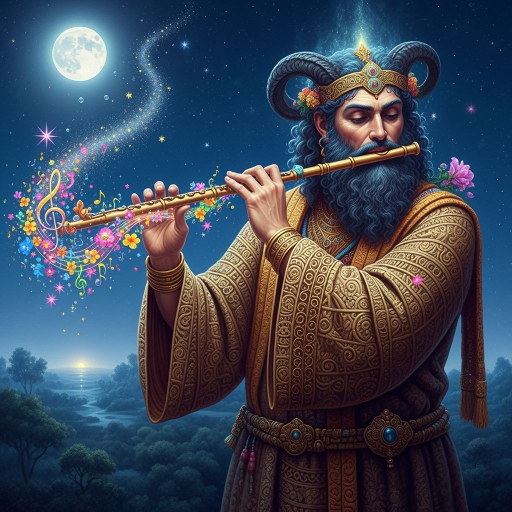 Cosmic Pan-God Playing Flute in Starry Night