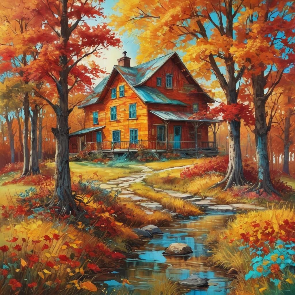 Sunlit Rustic Farmhouse in Expressionist Oil Painting