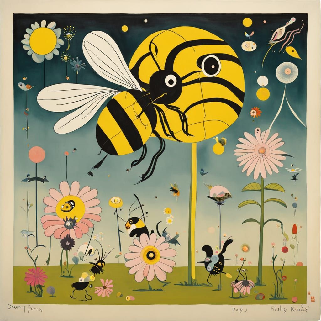 Surreal Bee in Flight over Geometric Daisy