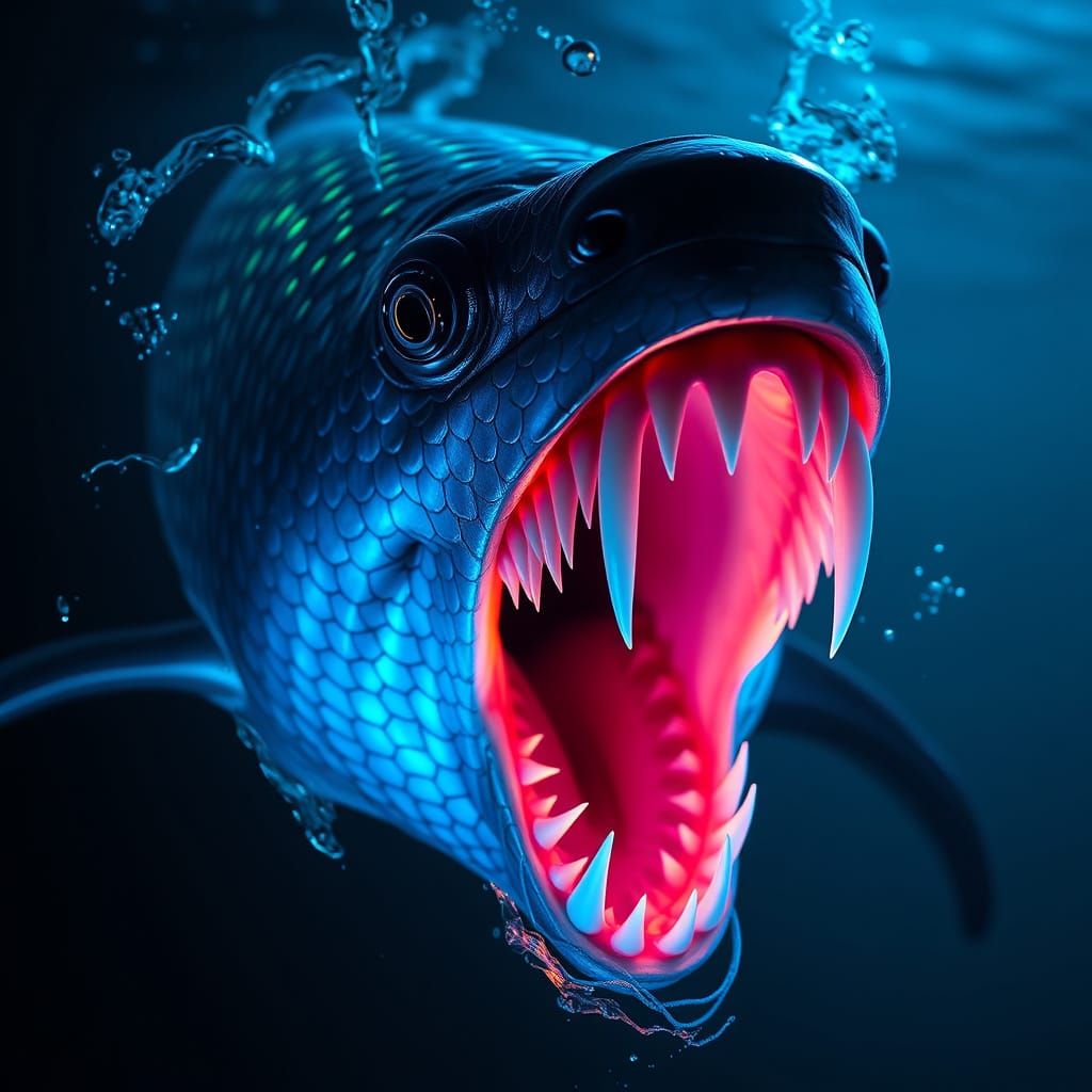 Fluorescent Fangtooth in Cyberpunk Bioluminescent Ocean